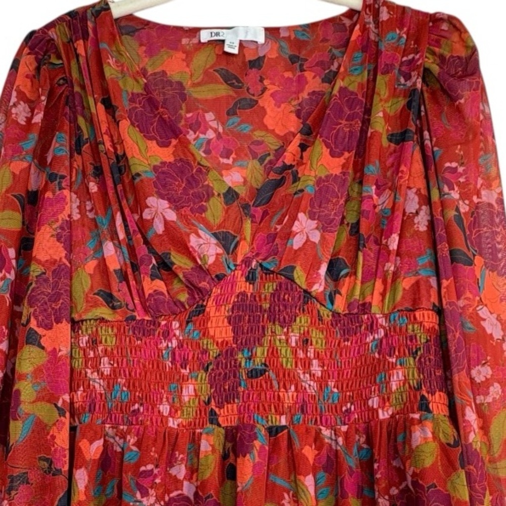 DR2 Daniel Rainn Mesh Floral Babydoll Top Sz. XS Orange Red Peplum Smocked Y2K - Picture 3 of 12